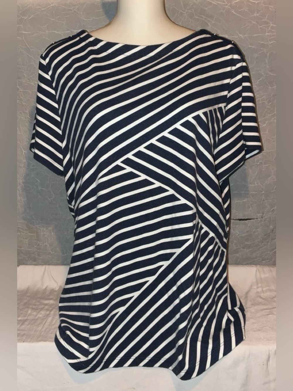 Karen Scott Navy White Geometric Stripe Embellished Top XL